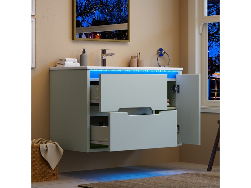  Meuble sous-vasque suspendu 81 cm avec vasque céramique, façade ondulée, led, vert  - Conforama C