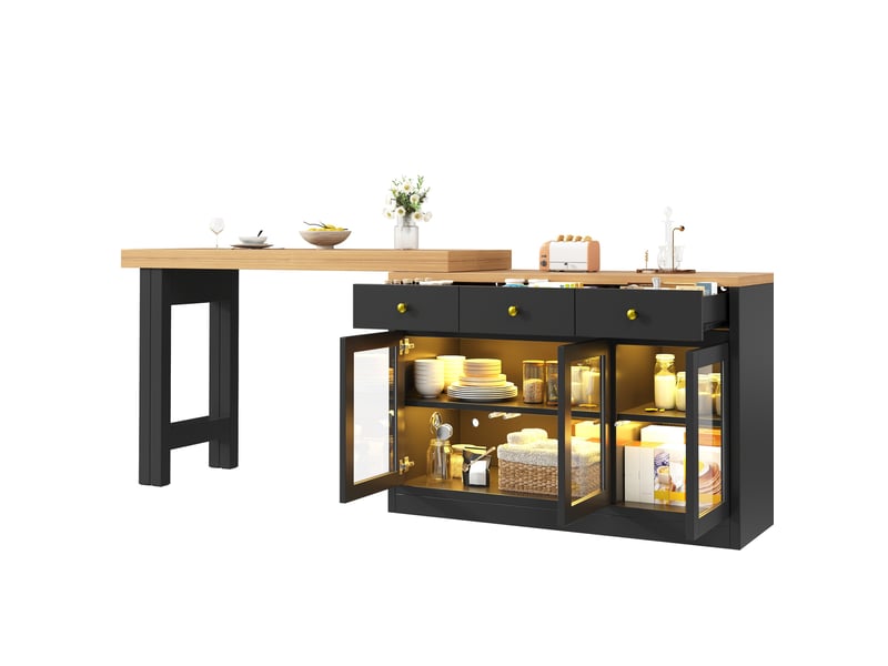 Îlot de cuisine extensible 120-200x40x75,5 cm, 3 tiroirs, 3 portes vitrées, led, desserte, mdf et métal, couleur noir - Conforama A