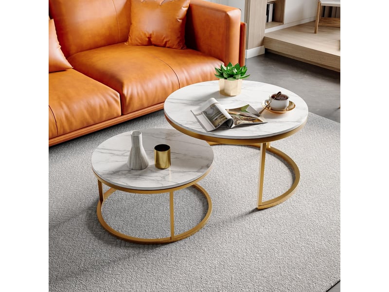  Lot de 2 tables basses gigognes ronde – 80 x 80 x 45 cm – plateau effet marbre &amp; pieds métal – blanc et doré  - Conforama D