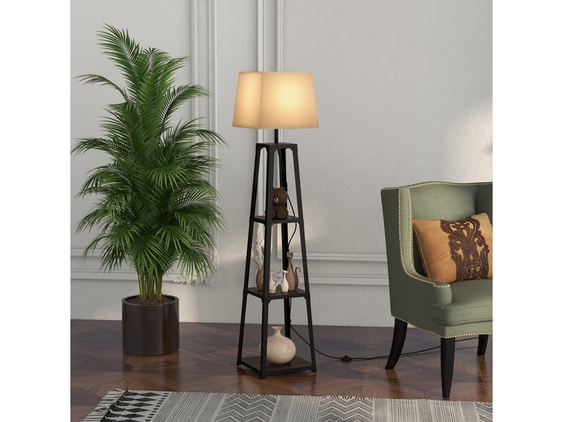  Lampadaire à 3 niveaux en métal et mdf avec abat-jour en tissu, ø42 x 166 cm, noir et beige  - Conforama D