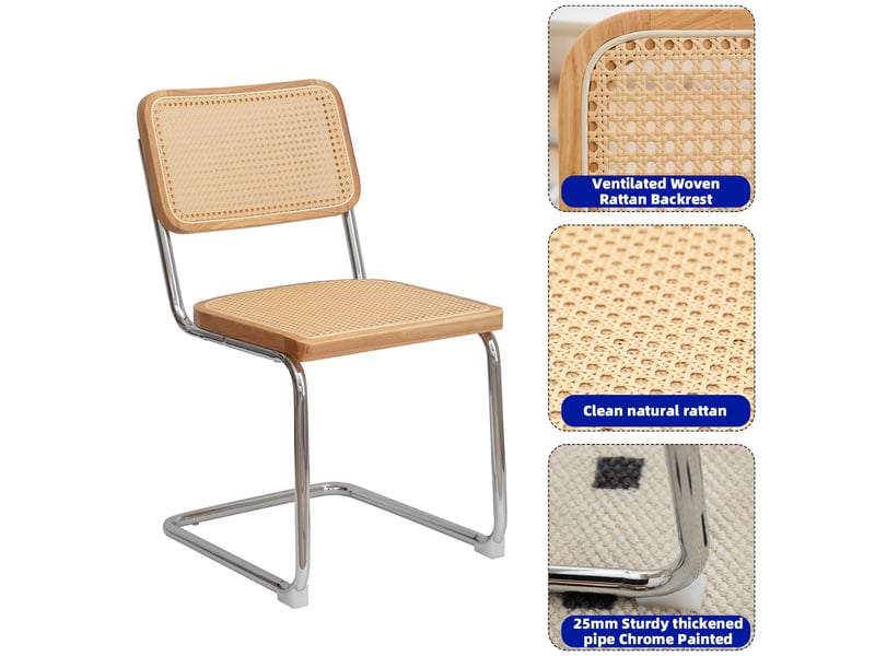  Lot de 2 chaises de salle à manger mid-century, velours et rotin, pieds chromés, rembourrées  - Conforama E