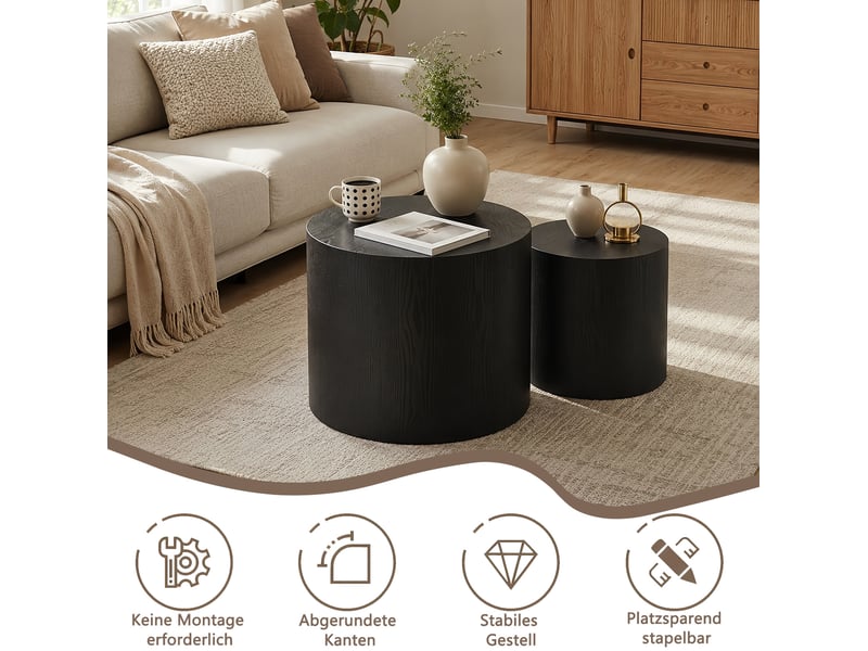  Lot de 2 tables basses gigognes rondes en mdf – noires – ø 48,5 et 38 cm  - Conforama E