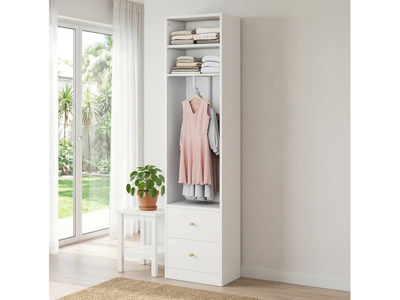  Armoire ouverte 50x30x200 cm, 2 tiroirs, 1 penderie, mdf et métal, blanc, design simple, rangement vêtements compact  - Conforama D