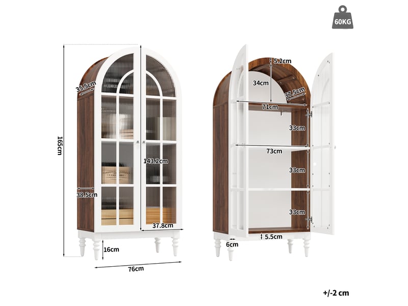 Buffet de cuisine haut 165x76x38,5 cm avec portes en verre ondulé et structure mdf blanc - Conforama C