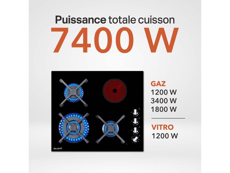 Plaque de cuisson mixte 3 gaz et 1 vitrocéramique double couronne 7400 w manettes  - Conforama C