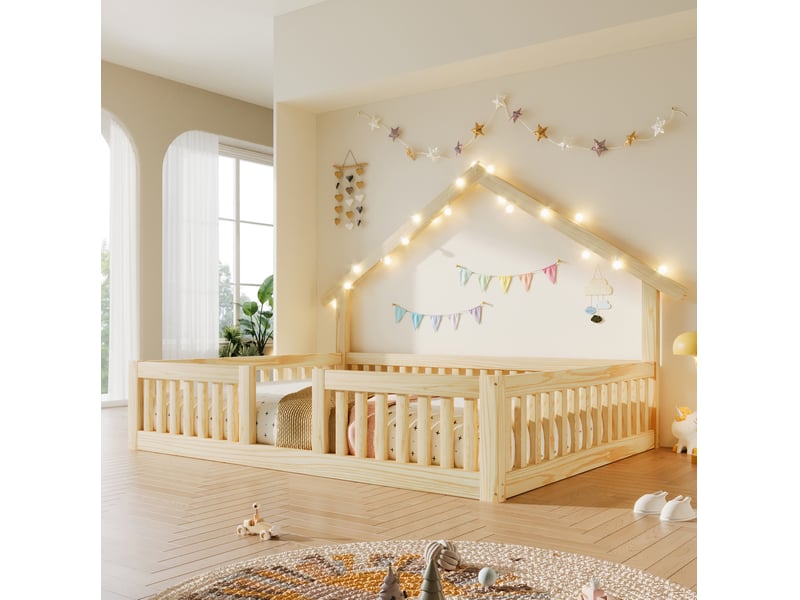 Lit enfant 140 × 200 cm cabane au sol avec barrière de sécurité et guirlande led en bois naturel pour chambre enfant - Conforama D