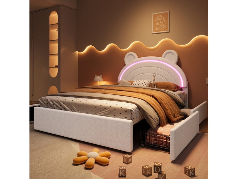  Lit enfant 140x200 cm tête de lit ours, lit double, 4 tiroirs, led contrôlée par application, couleur beige sans matelas  - Conforama D