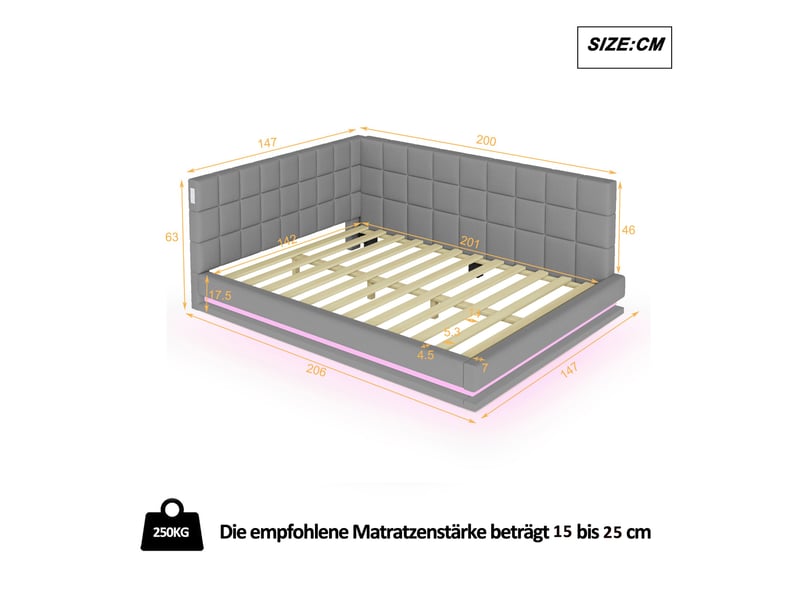 Lit banquette enfant 140 x 200 cm avec led, usb et sommier à lattes, lin, gris Fay Lum - Conforama C