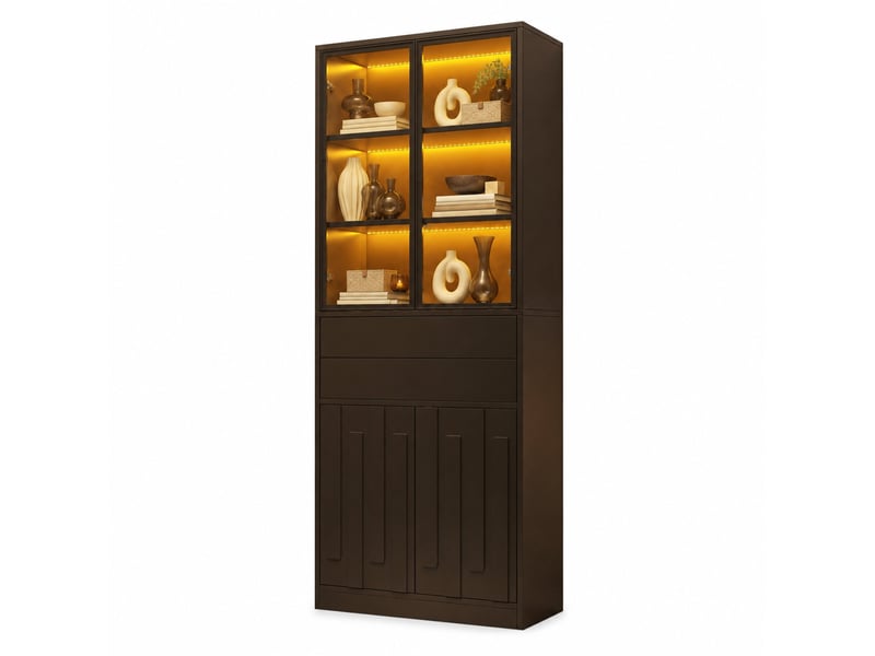  Vitrine led noire 70 × 34 × 180 cm, 4 portes en verre trempé, 2 tiroirs et éclairage bluetooth réglable  - Conforama A