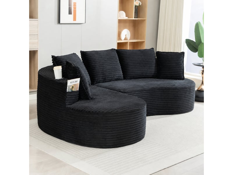 Canapé arrondi en velours côtelé avec deux porte-gobelets intégrés, 5 places, noir  - Conforama E
