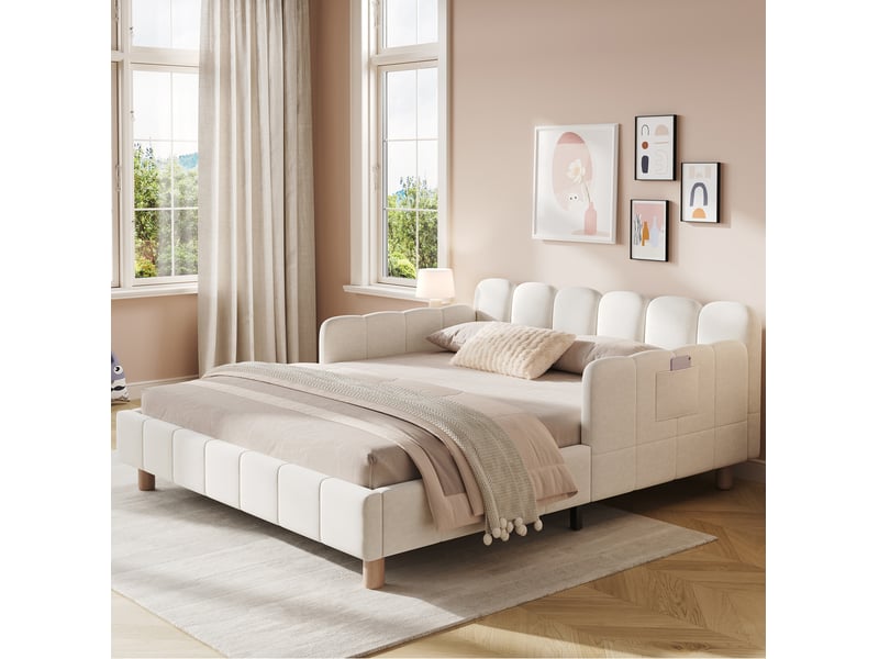  Lit 2 places 140x200 cm en velours beige avec barrières de sécurité  - Conforama D