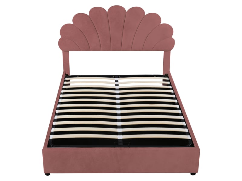 Lit enfant 140x200cm, lit coffre, lit double avec tête de lit et sommier, velours rose, sans matelas  - Conforama E