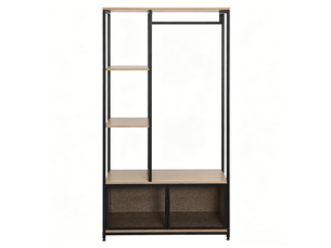 Portant à vêtements avec étagères et pieds réglables en métal et mdf noir et chêne clair
