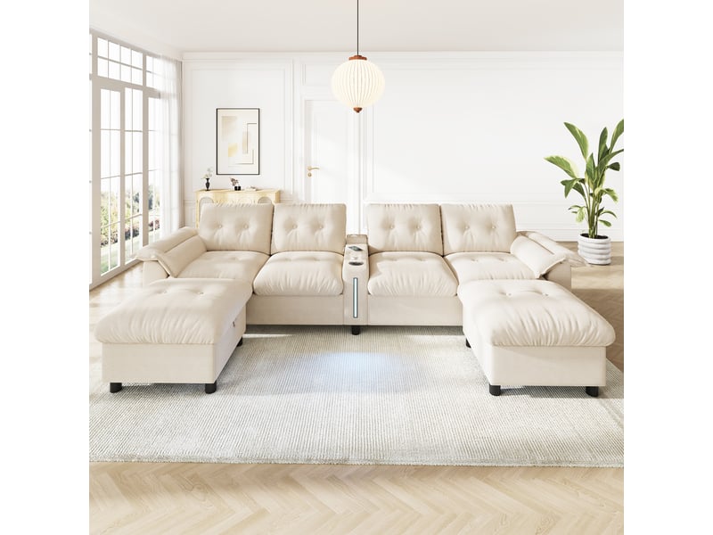  Canapé d’angle modulable 6 places 312 x 142 x 82 cm avec 2 poufs de rangement, console centrale, usb-c, led et rangements, chenille, beige OMNIGLINT TRADING LTD - Conforama C