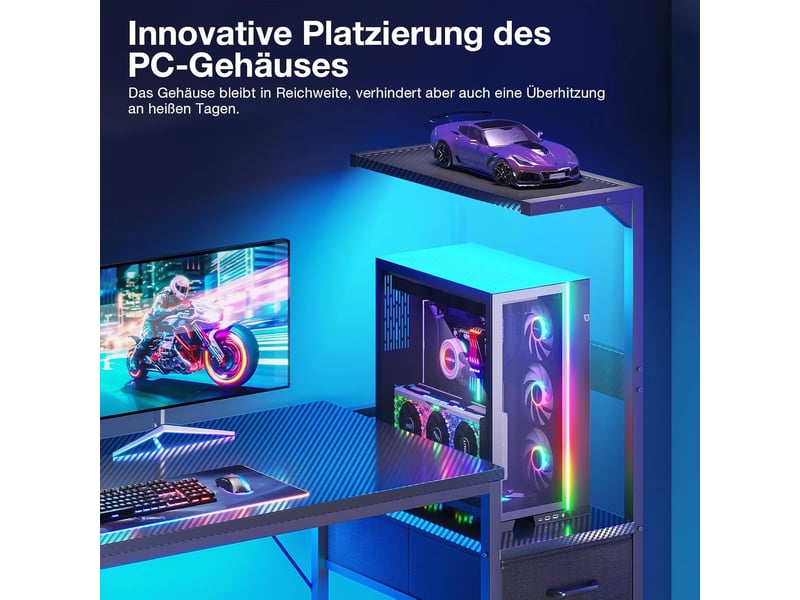  Bureau gaming avec led 138 x 48 cm, table pour pc avec tiroirs et étagère de rangement  - Conforama D