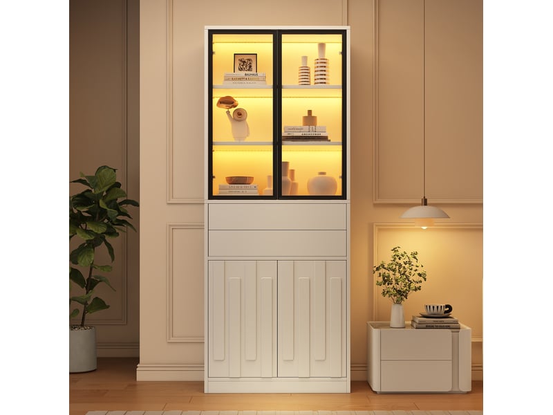  Vitrine tcqpz led 70 x 34 x 180 cm 2 tiroirs verre trempé blanc mat  - Conforama E