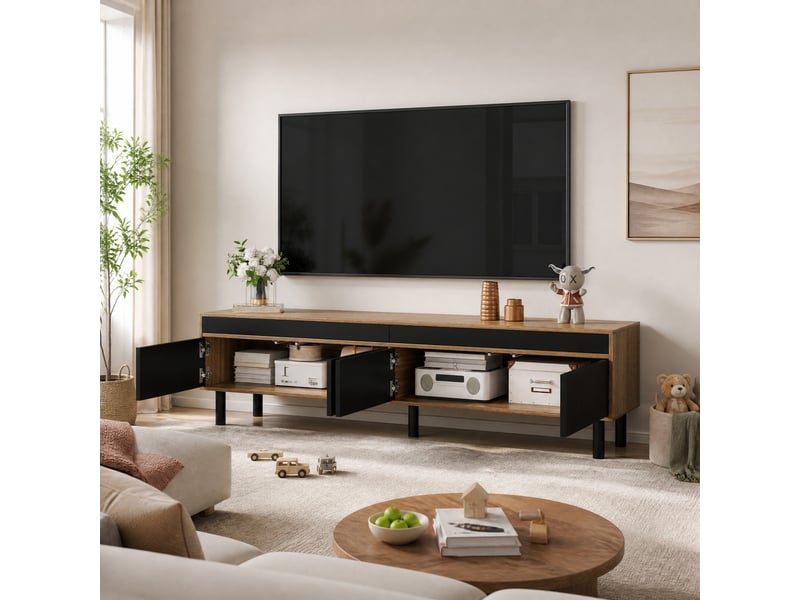  Meuble tv modenvie 170 x 38 x 47 cm 4 portes sans poignées noir et naturel  - Conforama B