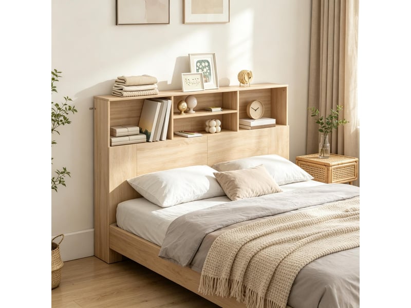  Tête de lit 140 cm avec rangement 4 compartiments ouverts bois naturel mdf  - Conforama R