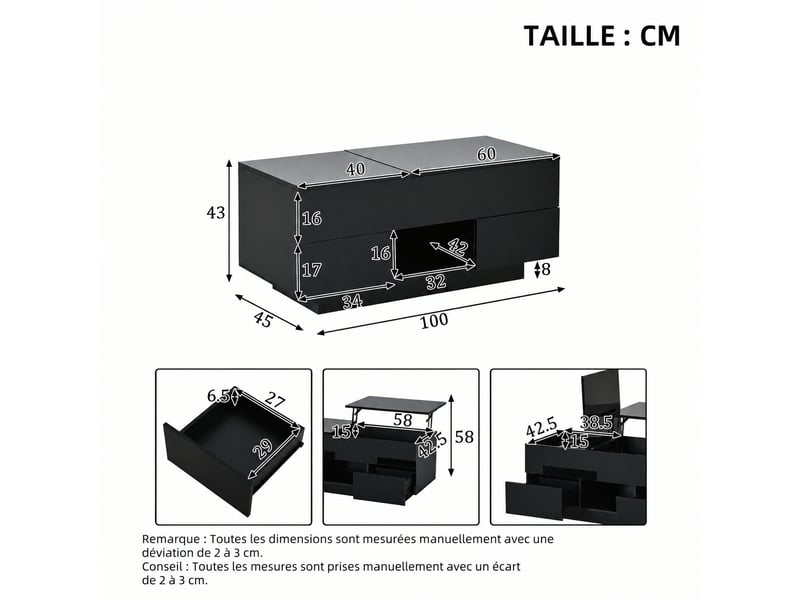  Table basse relevable avec 2 tiroirs, rangement caché et led, 100 x 45 x 43 cm, noir brillant  - Conforama E