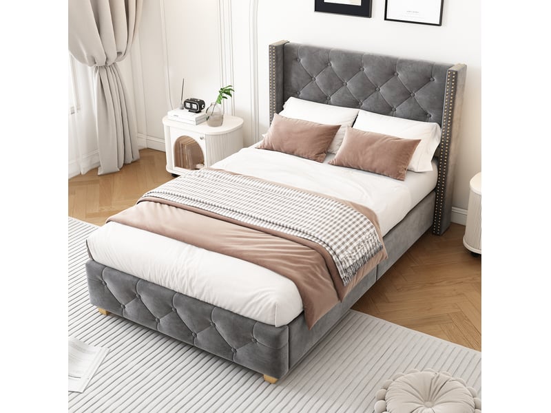  Lit 1 place 90x200 cm en velours gris avec sommier à lattes  - Conforama B
