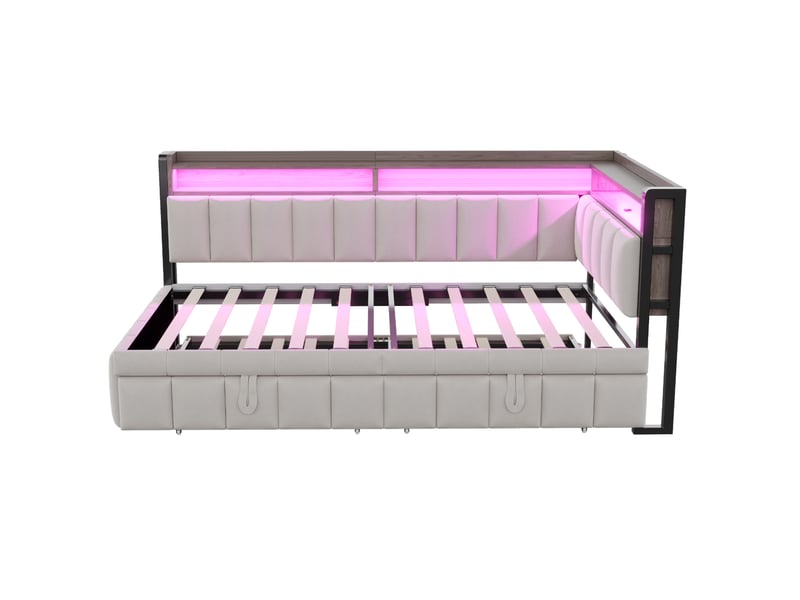  Lit gigogne 90 x 200 cm gris clair en velours, led réglable, rangements et ports usb et usb-c intégrés  - Conforama E