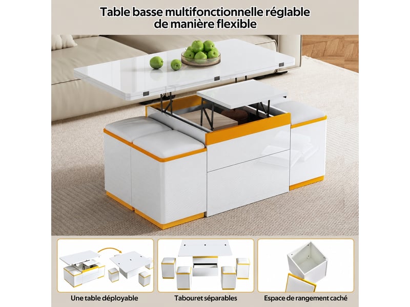  Table basse relevable avec 4 tabourets de rangement, blanche et jaune, 100 x 50 x 43 cm  - Conforama D