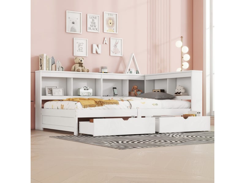  Lit banquette 90x200 cm daybed avec 2 tiroirs prise usb 2 ports sommier blanc sans matelas  - Conforama D
