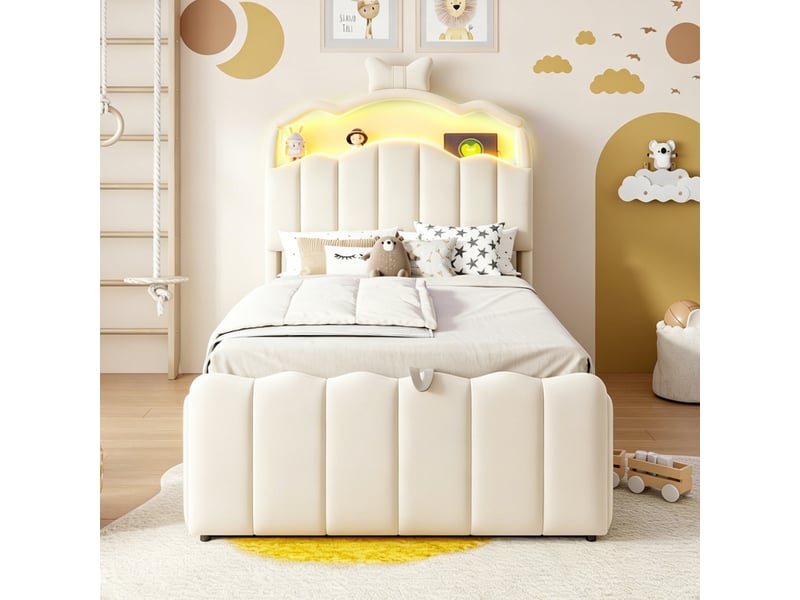  Lit d'enfant rembourré de 90 x 200 cm, avec rangement hydraulique, équipé de ports de recharge usb et usb-c, en velours, beige  - Conforama B