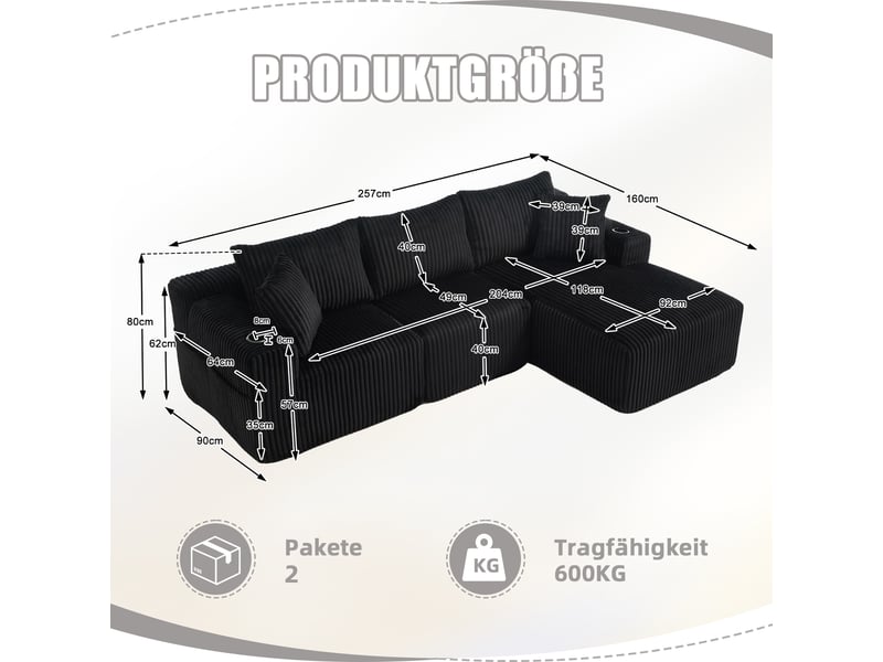  Canapé modulable, canapé 2 places – en velours tricoté, mousse haute densité, porte-gobelets, avec méridienne, coussins inclus, poches latérales  - Conforama R