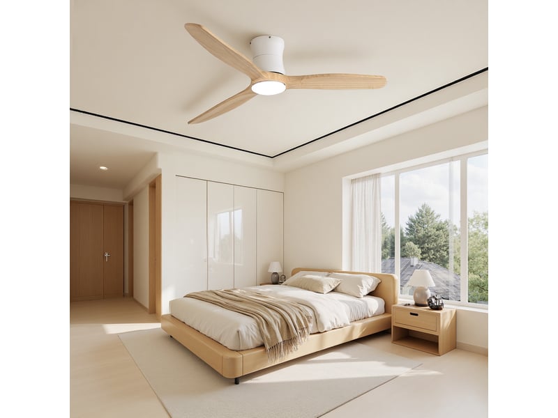 Ventilateur de plafond 132 cm avec éclairage et télécommande, luminaire de ventilateur silencieux pour chambre et salon, 3 pales en bois massif, blanc - Conforama C