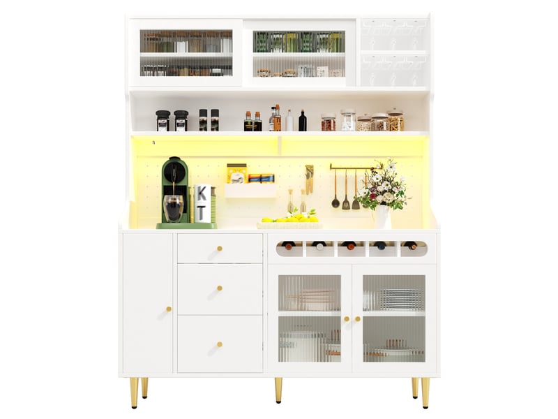  Armoires hautes 145×39×171cm pour le salon, éclairage led, armoire de salon avec étagères réglables, tiroir avec casier à bouteilles  - Conforama C