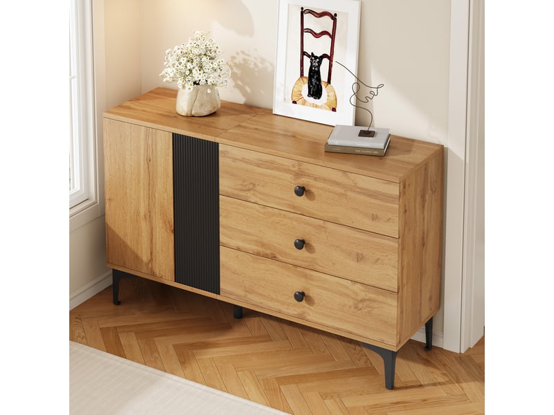  Buffet moderne 120x35x76 cm, meuble rangement noir et naturel avec portes et tiroirs, design contemporain pour salon ou cuisine  - Conforama E
