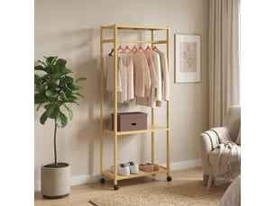 Portant à vêtements à roulettes, porte-manteau en bambou avec 2 étagères et tringle suspendue, bois naturel, 70x35x175cm