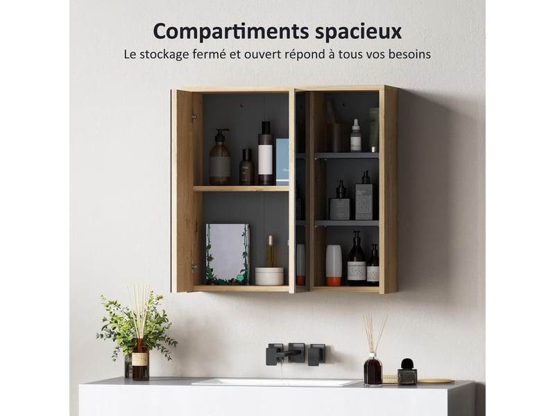  Armoire de toilette avec miroir et 3 étagères ouvertes en mdf bois naturel 60x20x60 cm  - Conforama D