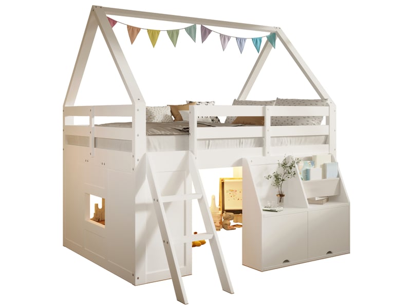 Lit mezzanine 140 × 200 cm avec escalier, led, deux coffres à couvercle et poches de rangement, chambre enfant, blanc  - Conforama A