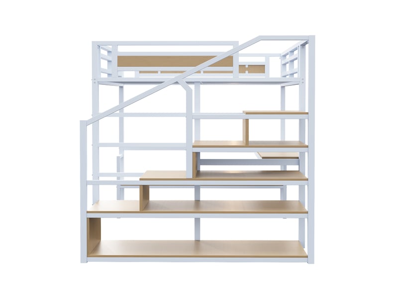  Lit mezzanine 140x200 cm avec bureau, étagères et escalier de rangement blanc  - Conforama E
