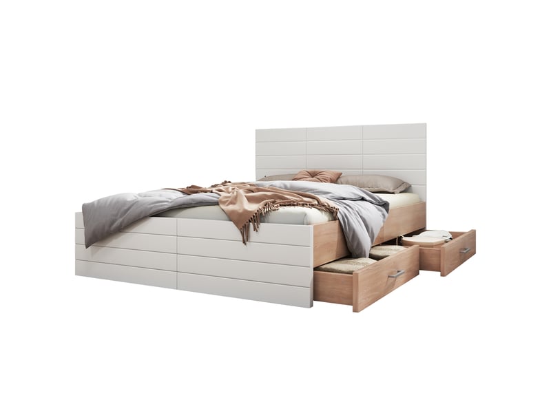 Lit double 160x200 cm en bois blanc et chêne - matelas, 2 tiroirs et sommier inclus - Conforama A