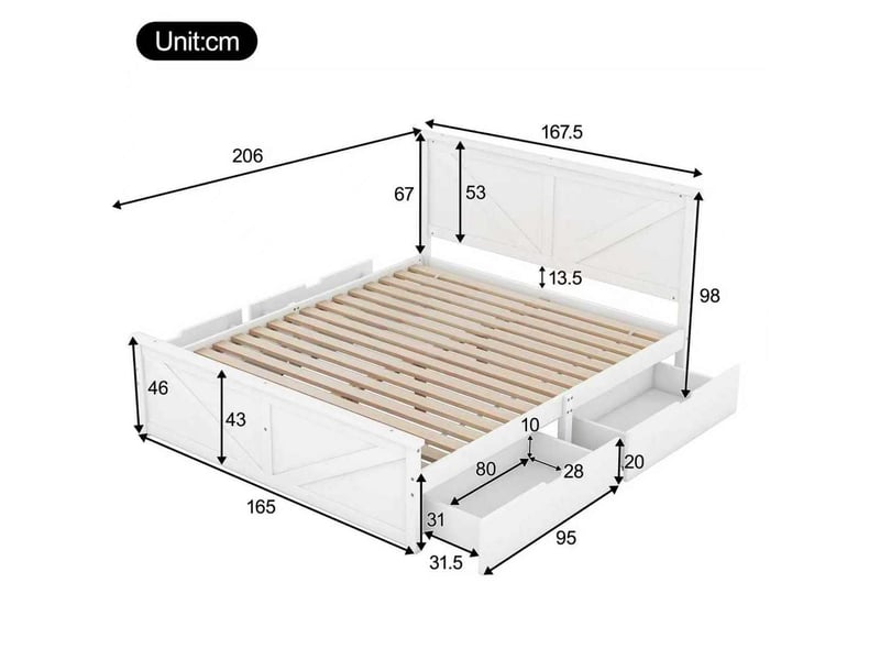  Lit avec rangement 160x200 cm blanc en bois et mdf, 4 tiroirs amovibles et tête de lit intégrée  - Conforama C