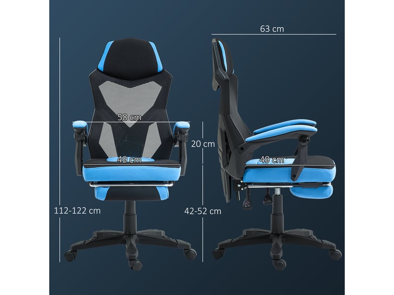  Fauteuil de jeu avec repose-pieds, hauteur réglable et dossier inclinable à 135°, 58 x 63 x 112-122 cm, bleu et noir  - Conforama E