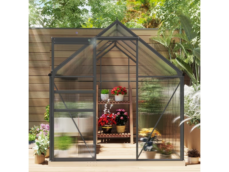  Serre de jardin polycarbonate alu 4,8 m² dim. 2,53l x 1,9l x 1,99h m lucarne réglable fondation porte coulissante gris  - Conforama D