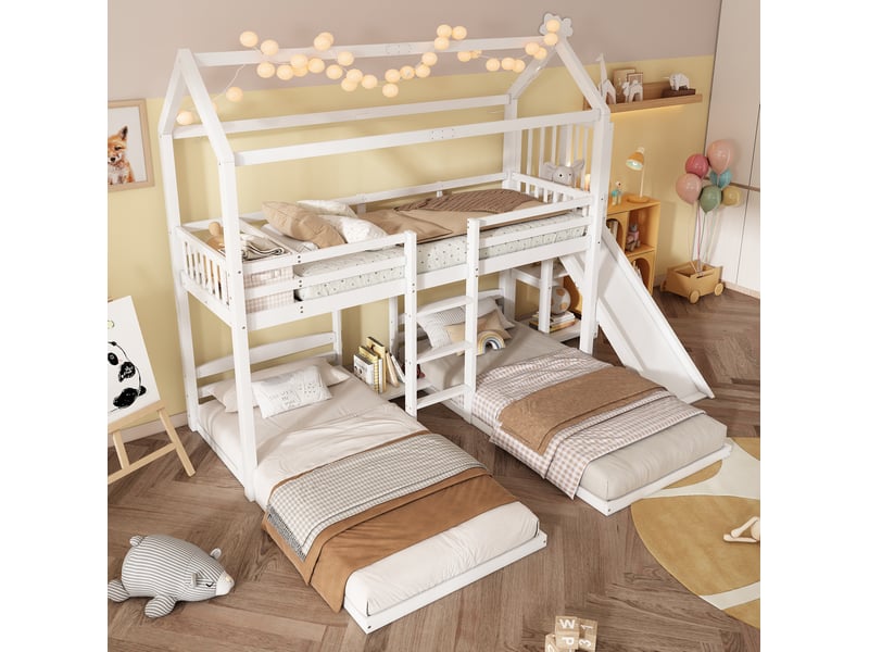 Lit superposé enfant blanc avec toboggan et 3 couchages 90 x 200 cm  - Conforama C