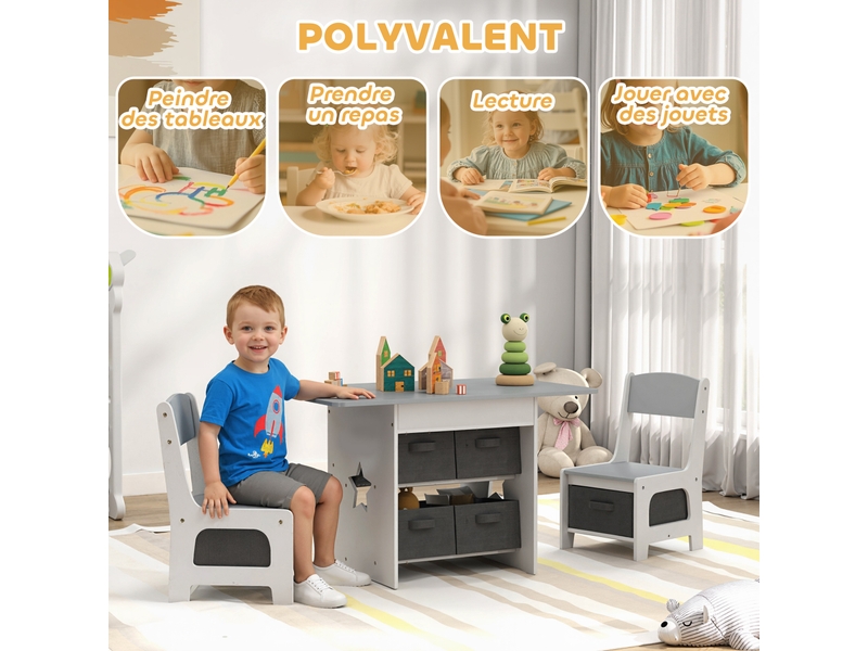 Ensemble table et 2 chaises enfant avec 6 tiroirs amovibles, gris, pour fille garçon 3-8 ans - Conforama A