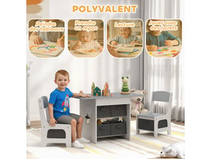 Ensemble table et 2 chaises enfant avec 6 tiroirs amovibles, gris, pour fille garçon 3-8 ans