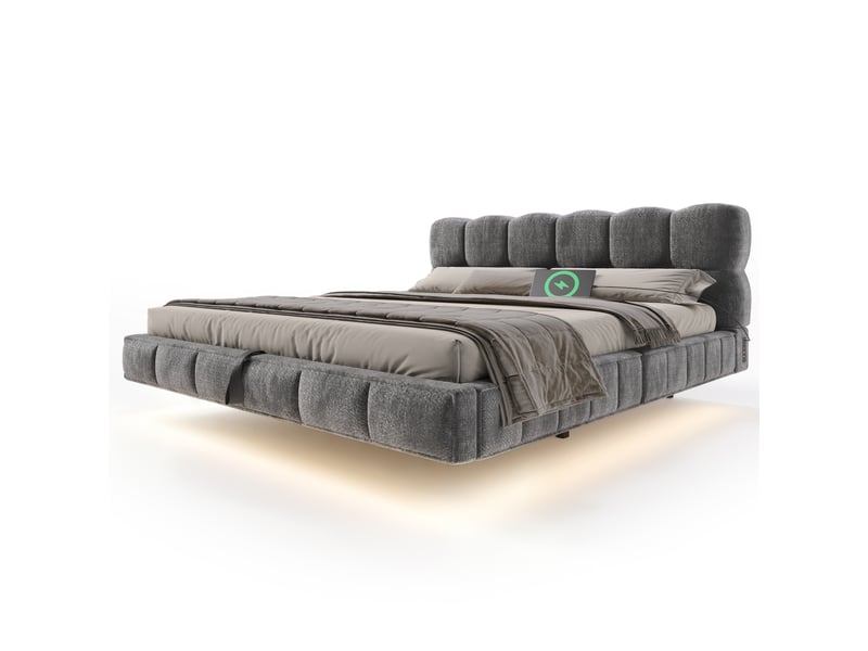 Lit double coffre hydraulique en chenille gris avec led et usb, 140 x 190 cm - Conforama A