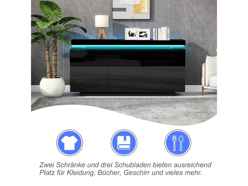  Buffet noir brillant 140x35x73 cm, 2 portes, 3 tiroirs, éclairage led intégré, design sans poignée  - Conforama D