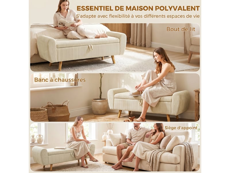  Banc de rangement 73 l, beige, coffre de rangement rembourré en velours côtelé avec accoudoirs et pieds en bois d'hévéa  - Conforama W
