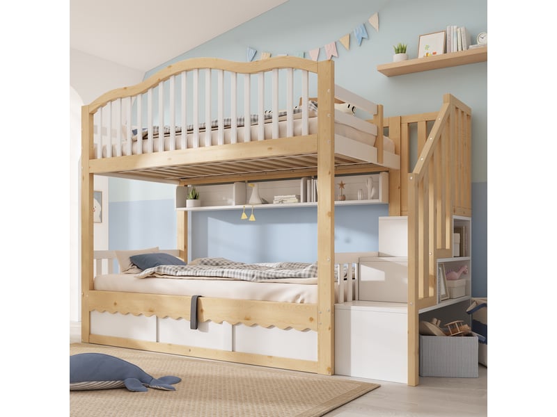Lit superposé 90 x 200, avec escalier de sécurité et étagères, protection anti-chute, blanc et couleur chêne - Conforama D