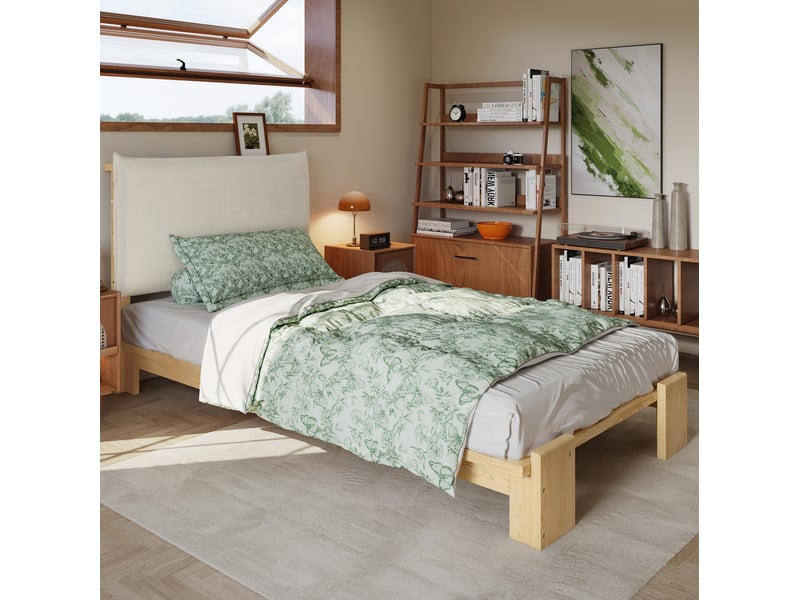  Lit enfant 90x200 cm en bois avec tête de lit rembourrée coloris naturel  - Conforama D