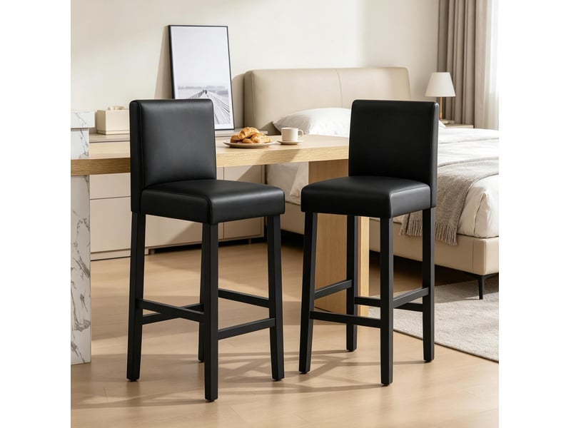 Tabouret de bar lot de 2 avec dossier et repose-pieds, assise rembourrée en similicuir noir et bois - Conforama B