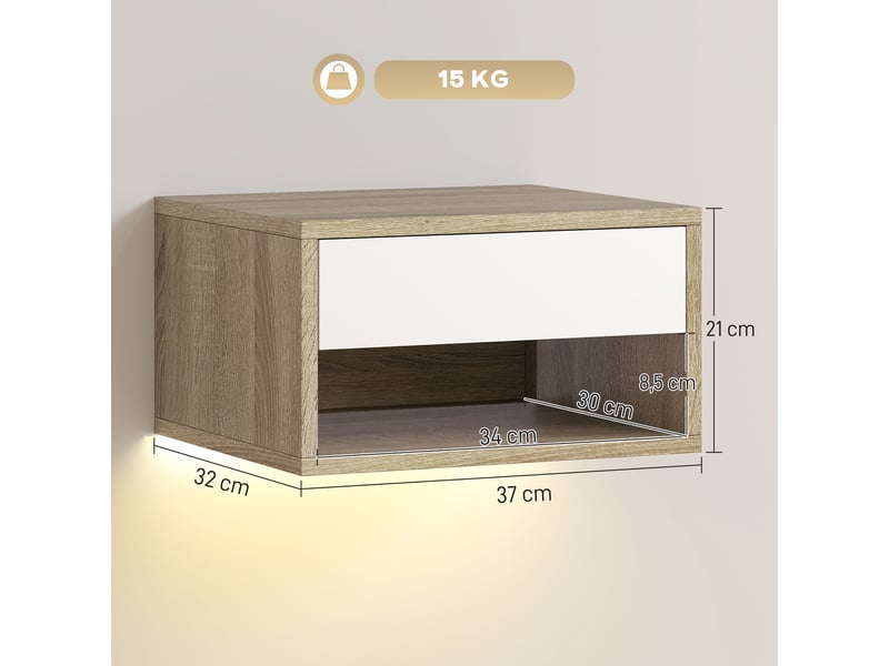  Lot de 2 tables de chevet suspendues avec éclairage led rgb contrôle par application, étagère, tiroir, teck, 37x32x21cm  - Conforama C